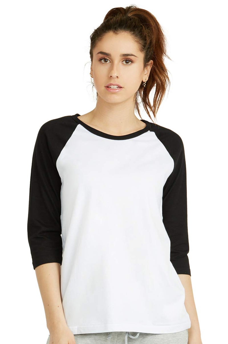 Cottonbell Women's Baseball Quarter Sleeve Tee Shirt (L, White/Black) - Image 1